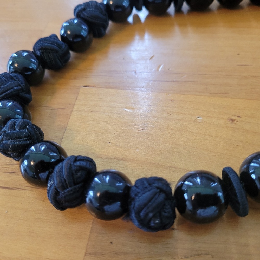 Vintage Hawaiian Black Kukui Nut Lei Necklace Polished Ribbon Tie Luau
